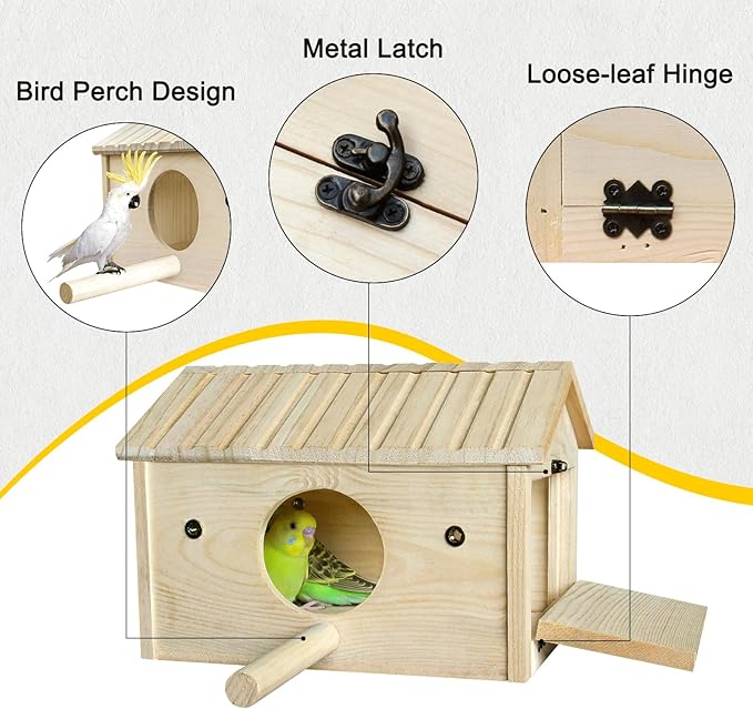 HiCaptain Bird Nesting Box Wooden Cockatiel Breeding Nest for Cages, Large Parakeet Nest Box Lovebird House Budgie Breeding Box (Wood)