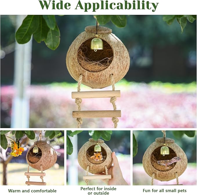 Briwooody Coconut Shell Bird Nest House Breeding Bed Nestingand Anti-Pecking Bite with Natural Coir Fiber Bird Nest Toy Bell for Parrot Budgie Parakeet Cockatiel Conure Lovebird Canary Finch(Classic)