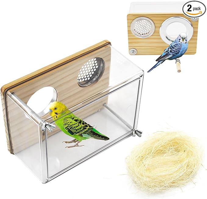 Bird Nesting Box for Window,Transparent Parakeet Nest Breeding Box Parrot Breeding Mating Box Bird Nest Box House Cage Accessories with Wood Perch for Parakeet Budgie Conure Parrot