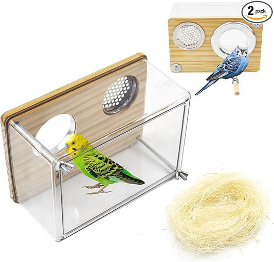 Bird Nesting Box for Window,Transparent Parakeet Nest Breeding Box Parrot Breeding Mating Box Bird Nest Box House Cage Accessories with Wood Perch for Parakeet Budgie Conure Parrot