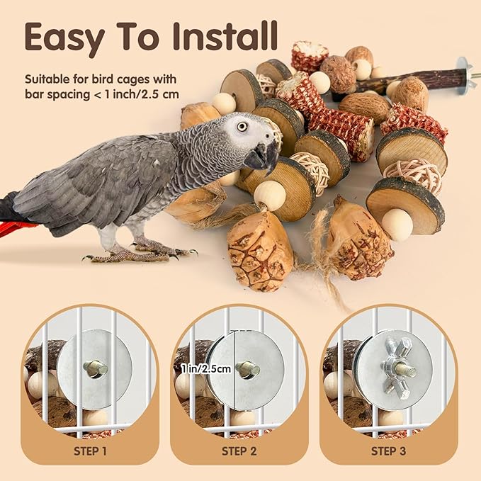 Bird Chew Toy - Natural Apple Wood Corn Cob Parrot Chew Toy, Multi-Functional Cage Hanging Foraging Toy for Budgies, Cockatiels, Conures, Lovebirds & Other Small Medium Birds