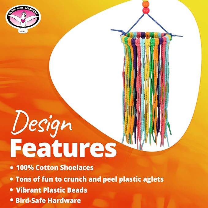 Super Bird Creations SB1203 Large Rainbow Aglets Bird Toy - Satisfies Chewing & Preening Instincts - African Greys Small Cockatoos Parrots - Encourages Curiosity - Ideal for Medium-Large Bird Size