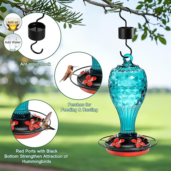 20 oz Hand-Blown Glass Hummingbird Feeder, Hanging Hot Air Balloon Design, Leak-Proof Silicone Seal, Ant-Proof, Outdoor Garden Decor Gift for Mom, Blue
