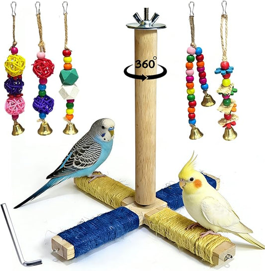 360° Rotating Bird Perch Stand - 4 Perches + 5 Colorful Chew Strand, Natural Bird Cage Accessories, for Small & Medium Birds Parakeets Cockatiels Lovebirds Budgies