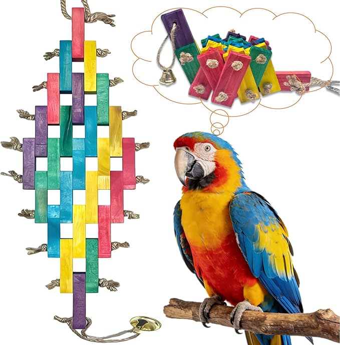 Wooden Bird Toy for Large Parrots – Natural Chewing Blocks with Locking Carabiner (Nut Tightening) for Macaws, Cockatoos, African Greys, Amazon Parrots – Non-Toxic, Colorful, Cage Accessory