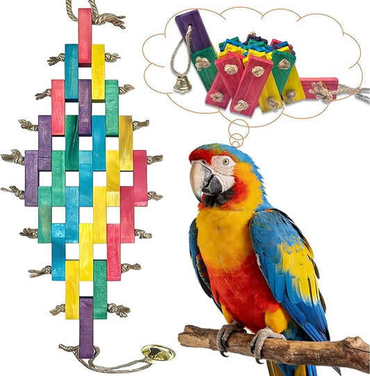 Wooden Bird Toy for Large Parrots – Natural Chewing Blocks with Locking Carabiner (Nut Tightening) for Macaws, Cockatoos, African Greys, Amazon Parrots – Non-Toxic, Colorful, Cage Accessory