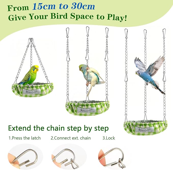 EIODEAR Waterproof Bird Bed with Adjustable Chain, Customizable Height Hanging Bird Hammock for Cage, Small Size Bird Nest with Durable Non-Collapsible Bottom, Bird Hut for Conures, Budgies (Green)
