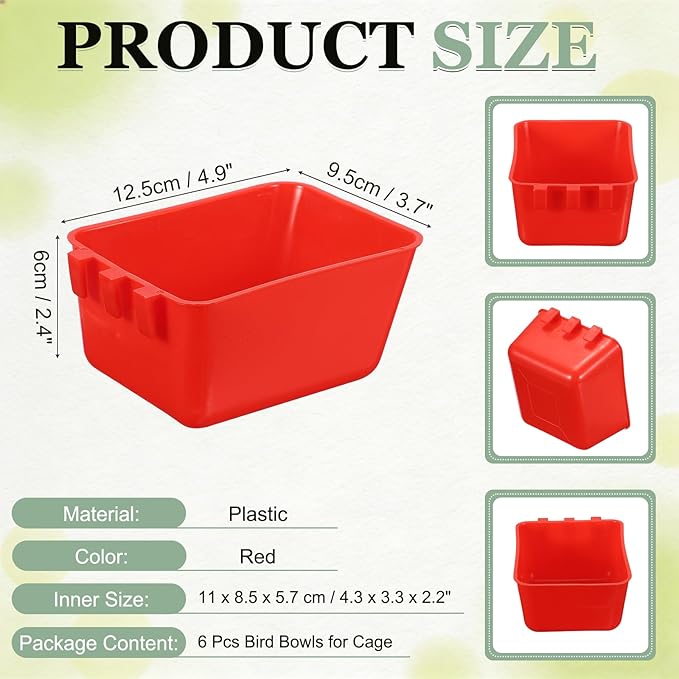 Cage Cups, 4.9x3.7x2.4 Inch Parakeet Feeder Bird Cage Accessories Hanging Food Water Dispenser, (Red, 20 Pcs), Intended for Pet/Pigeon/Parrot/Chicken