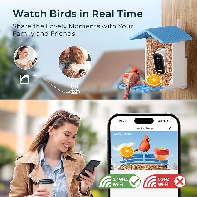 Bird Feeder with Camera, 2.5K HD Smart Bird Feeder Cam Outdoor with AI Recognition, Instant Arrival Alerts, Auto Capture Birds Videos, IP66 Waterproof Solar Powered, Ideal Gift