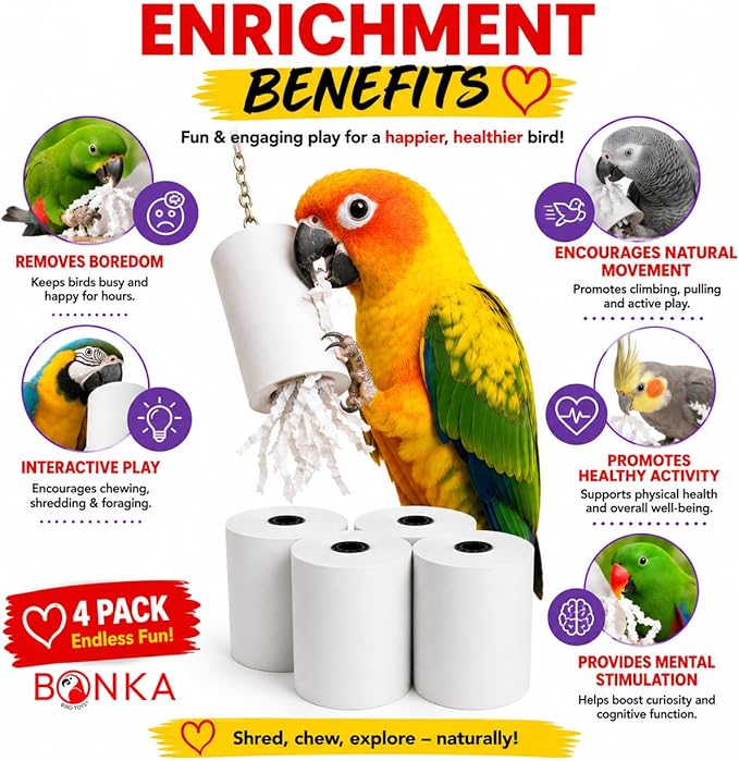 Bonka Bird Toys 3135 Pk4 Large Shredmaster Refill for Birds, 3" Tall x 2.25" Wide, 100% Bird-Safe Materials, Designed for Large Shredmaster Toy, Ideal for Medium to Large Birds