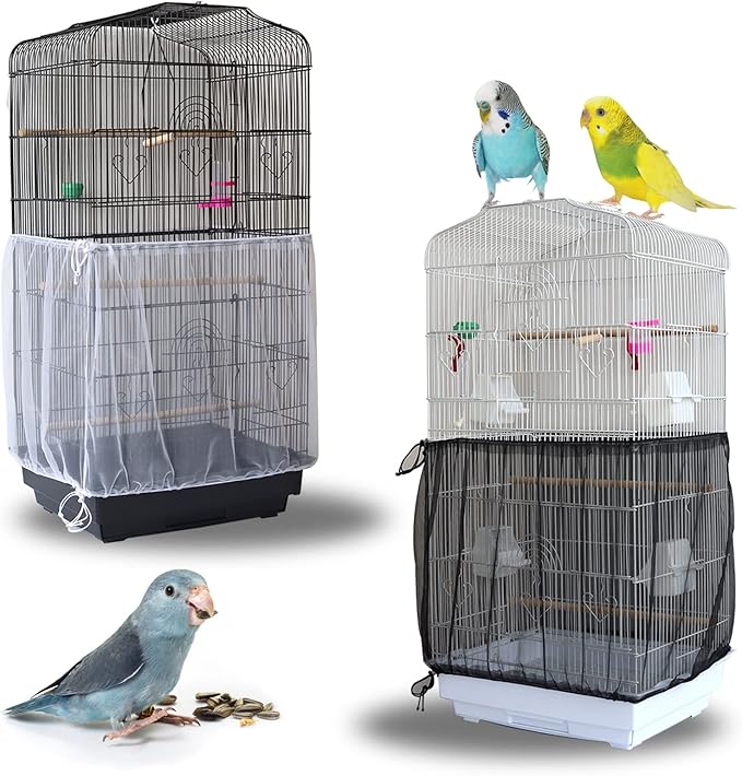 Daoeny 2Pcs Bird Cage Cover, Adjustable Soft Airy Nylon Mesh Parrot Net, Universal Feather Seed Catcher, Birdcage Cover Skirt Sheer Guard for Round Square Bird Cages (White +Black)