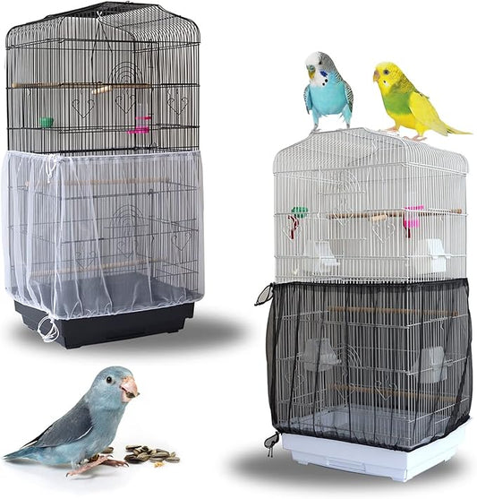 Daoeny 2Pcs Bird Cage Cover, Adjustable Soft Airy Nylon Mesh Parrot Net, Universal Feather Seed Catcher, Birdcage Cover Skirt Sheer Guard for Round Square Bird Cages (White +Black)