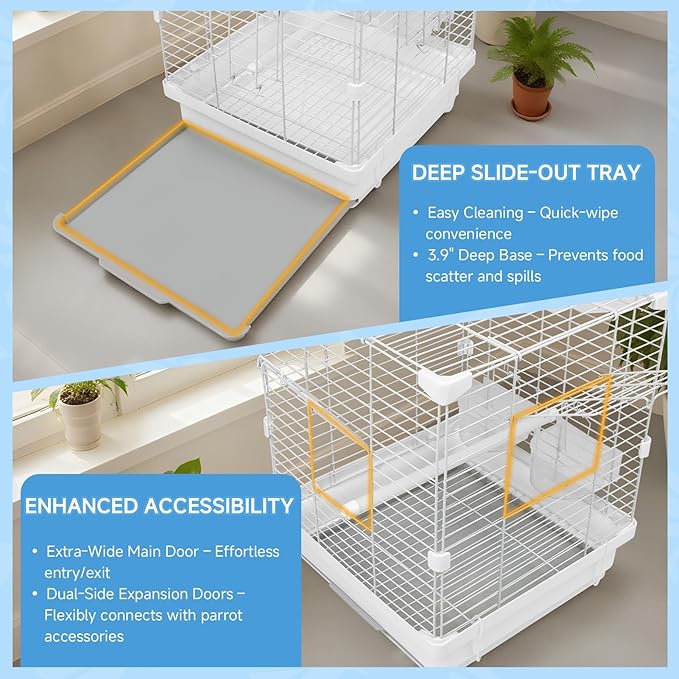 Small Bird Cage - 14x14x17.5 in Lightweight Travel Outdoor Birdcage for Parakeets, Budgies & Canaries and More Small Birds, Bird Carrier with Handle, Stand, Removable Tray, Portable for Hanging, White