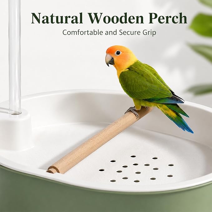Automatic Bird Bath Shower, USB Pump Adjustable Flow Parrot Parakeet Fountain Wood Perch for Cockatiel Budgie Conure Indoor Cage