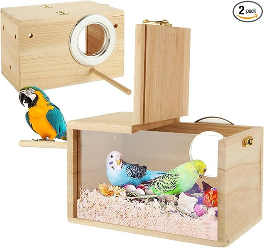 QTLCOHD 2 Pack Parakeet Nesting Box, Natural Wood Breeding Box with Transparent Acrylic Window, Bird Nesting Box for Parakeets, Lovebird, Cockatiels, Conure