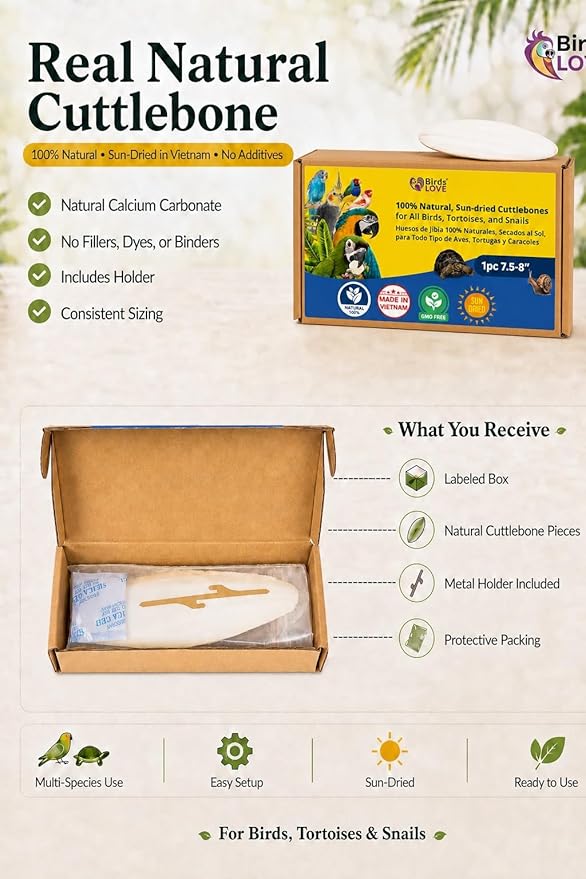 Birds LOVE 7.5-8" Cuttlebone for Birds – 100% Natural Sun-Dried Calcium Carbonate Mineral Supplement – for Parakeets, Budgies, Cockatiels, Finches & Canaries – 1 Pack with Holder – Made in Vietnam