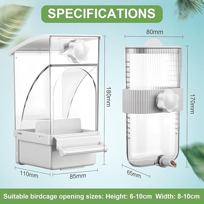 Novabright No Mess Bird Feeder Water Dispenser Set, Automatic Transparent Bird Food Container and 12 oz Automatic Water Feeder for Small Birds Parrot, Cockatoo, Canary, Cage, Lovebird, Budgies(White)