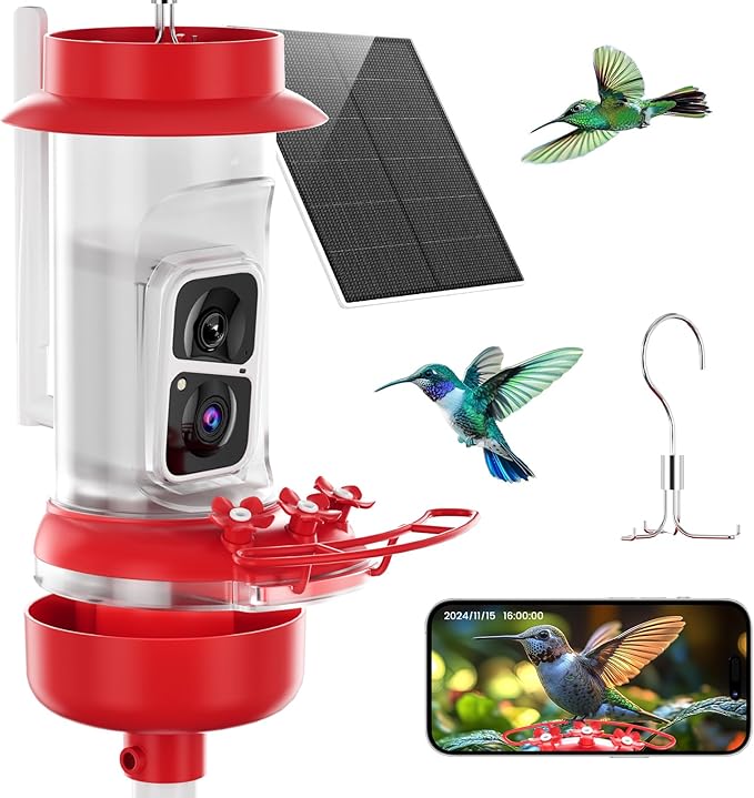 Soliom Hummingbird Feeder with Camera, Smart Feeder Camera with 2K Live View AI Identify, Leak Proof&Ant Moat&Bee Proof, Outdoor Pole/Hook Hanging, Ideal Gift for Family, 16 OZ with Solar Panel Red ﻿