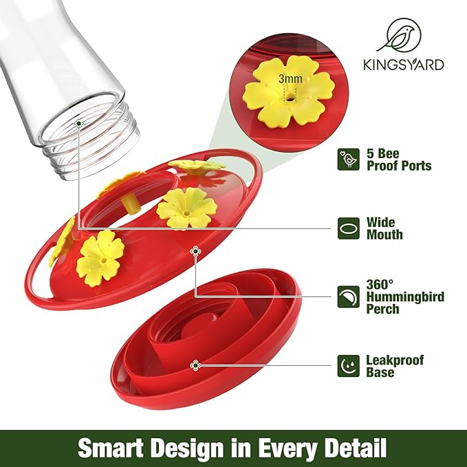 Kingsyard Glass Hummingbird Feeder for Outdoors Hanging, 10 oz Leak-Proof Humming Bird Feeders with Ant Moat & Bee Proof Feeding Ports, Hummingbird Gift for Bird Lovers (Clear)