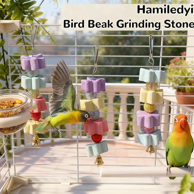 4Pieces Parrot Beak Trimmer Bird Beak Grinding Stone Teeth Lava Block Mineral Calcium Rock Chewing Toys with Bell for Parakeet Conure Budgies Rabbit Chinchilla Hamster