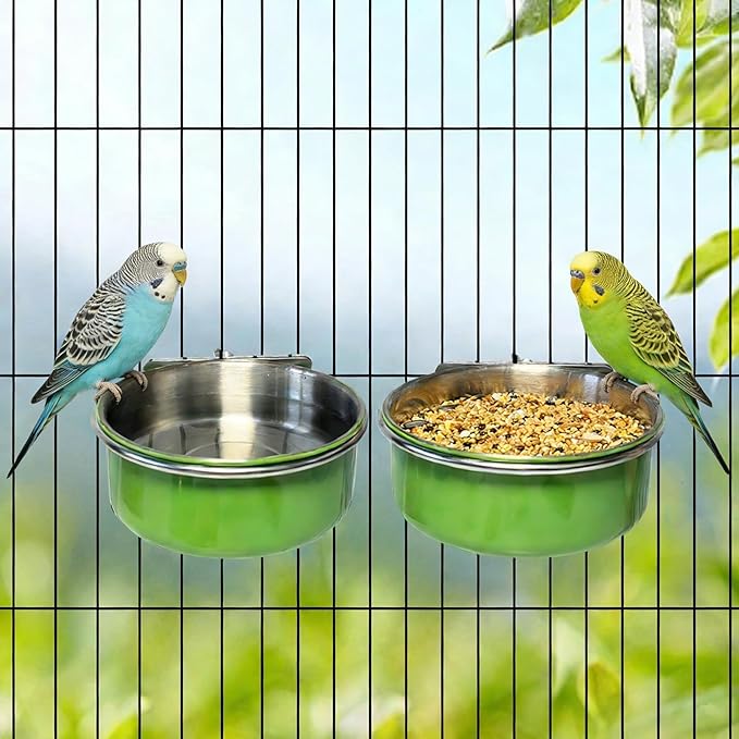 Kathson 4Pcs Stainless Steel Bird Bowls, Parakeet Food Dish Parrot Cage Feeder with Clamp Holder Small Bird Feeding Cup Pet Bird Feeder for Parakeet Cockatiels Conure Budgies Chinchilla Small Animal