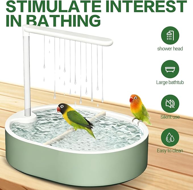 Bird Bath, Parrot Bathtub, Automatic Parrot Shower Bath with Pump, Birds Shower Bathtub with Running Water, Large-Capacity Water Tank,Suitable for Many Kinds of Birds (Green)