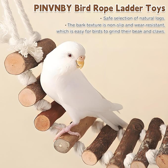 PINVNBY Bird Parakeet Toys, Bird Rope Ladder Swing Hammock Toys, Made of Natural Wood and Rope, Parakeet Cage Accessories for Parrot Budgie Conure Cockatiel (2 PCS)