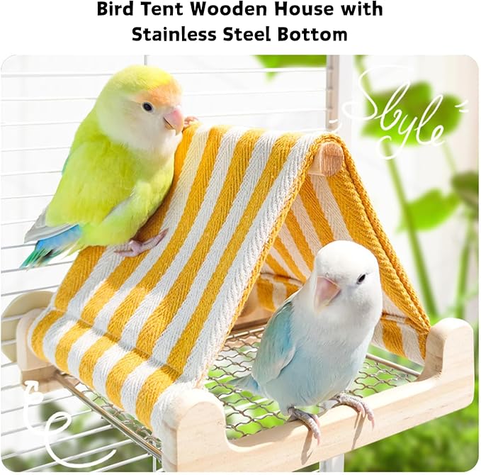 Bird Tent Wooden House with Stainless Steel Bottom Bird Nest for Parakeet Parrot Hideaway Cave Snuggle Hut Cage Accessories for Budgie,Conure,Lovebird,Cockatiel (Yellow)