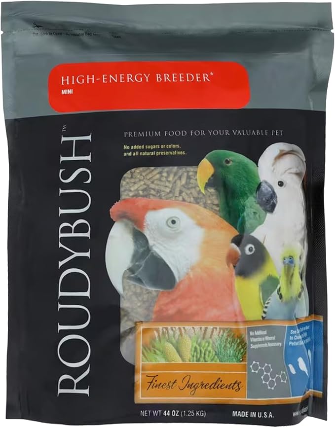 Roudybush High Energy Breeder Food for Breeding & Weaning Birds - Scientifically Formulated Bird Feed - Bird Food Pellets w/Corn, Wheat, Soy & More - Nutritious & Healthy Feed for Birds (Mini, 44oz)