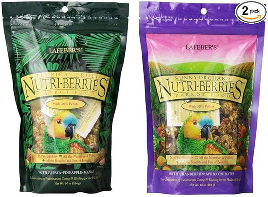 Lafebers Nutri-Berries Parrot Food 2 Flavor Variety Sampler Bundle: (1) Papaya/Pineapple/Mango, and (1) Cranberries/Apricots/Dates, 10 Oz. Ea. (2 Bags)