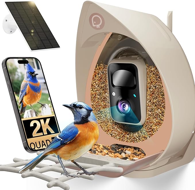 Smart Bird Feeder with Camera Solar Powered Outdoor - 2K HD Live Video, AI Bird ID (11,000+ Species), Squirrel-Proof, Instant Alerts & IP65 Weatherproof Outside, Great Gift for Birdlovers,Light Camel