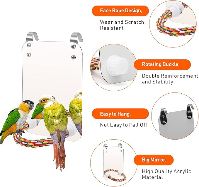 7‘’ Bird Mirror for Cage, Coolrunner Bird Parrot Mirror with Rope for Cockatiel Conures, Lovebirds, Parrot, Canaries, and Budgies