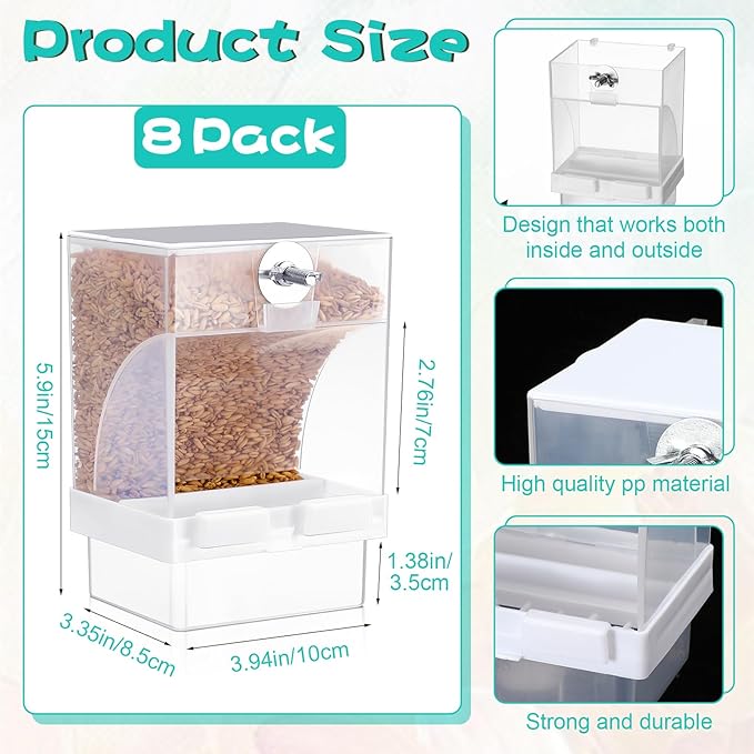 GlikCeil 8 Pcs No Mess Bird Feeder Automatic Bird Feeder for Cage Bulk Parrot Seed Food Container Cage Accessories for Small Medium Parakeet Canary Cockatoo Cockatiel Finch