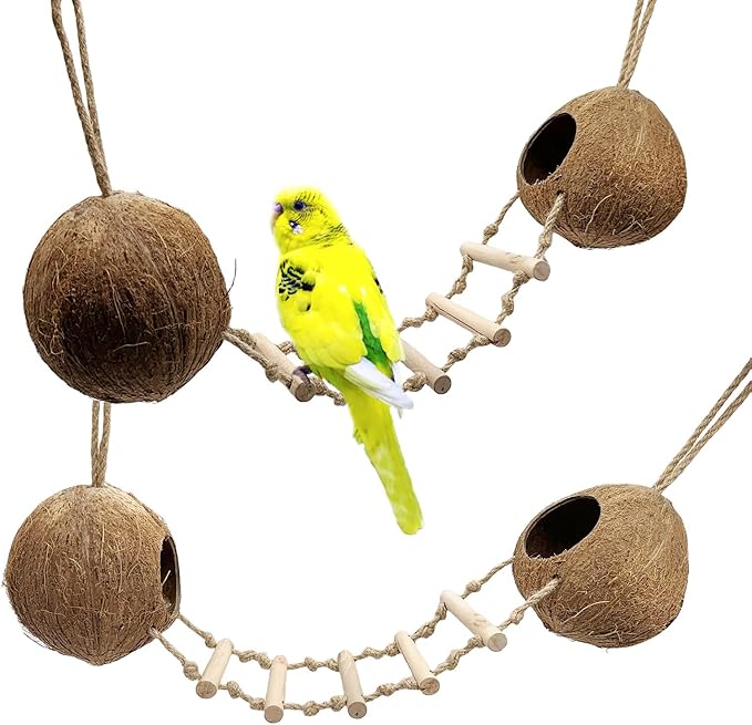 Bird Coconut Hides Nest with Ladder Parrot Cage Hanging Natural Coco Shell Hut Hide Toy with Wooden Bridge Hollow Hideaway Toys for Parakeet Lovebird Finch Canary 2PCS