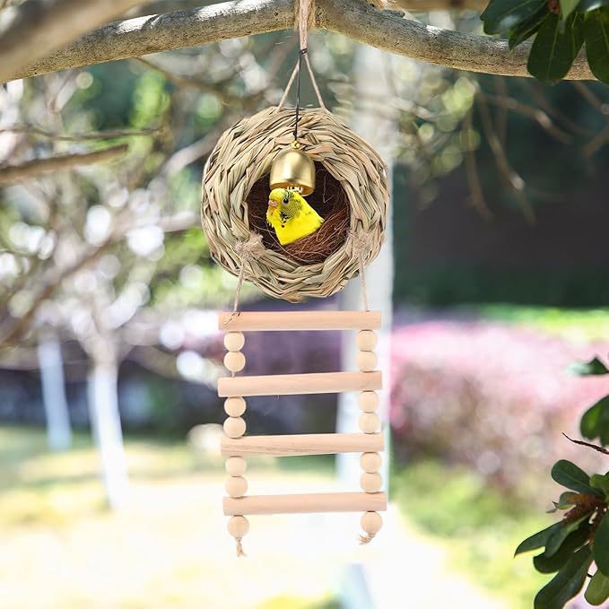 Briwooody Hanging Bird Nest for Cage with Ladder Bell Natural Coir Fiber, Grass Hand Woven Hummingbird Finch House for Outside Breeding Nest Parakeet Bed for Budgie Canary Parrot Patio Lawn Garden
