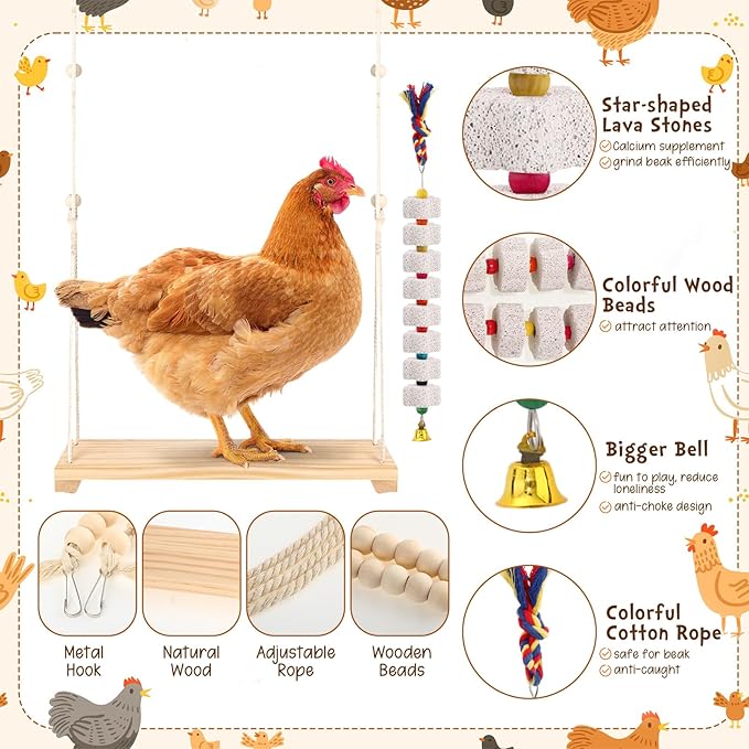 Soulchen 6 Pieces Chicken Toys for Coop Chicken Wind Chime Enrichment Toys Kits Chick Mirror with Bells Swing Hanging Chick Beak Grinding Calcium Stone for Coop Hens Chicks Poultry Birds Parrots