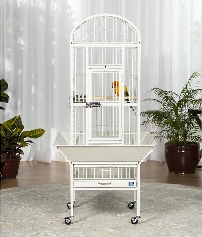 Prevue Pet Products Dome Top Bird Cage - Powder‑Coated Steel Cage with Wheels, Push Button Locks, Seed Guards and Perch, Ideal for Cockatiels, and All Small-Medium Sized Birds - Chalk White