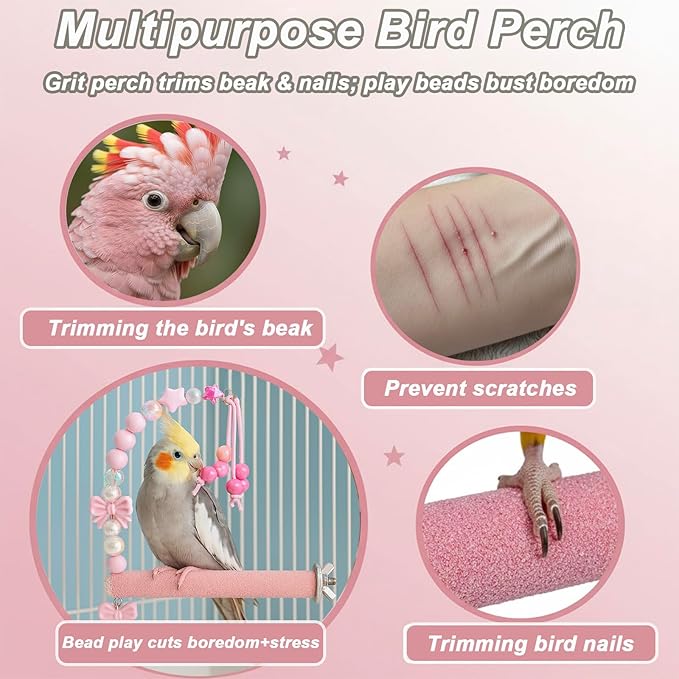 Bird Parrot Perch with Beads and Bow Chew Toy,Cage Platform Toy and Exercise Accessories for Budgies Parakeets Cockatiels Conures and Lovebirds (Pink)