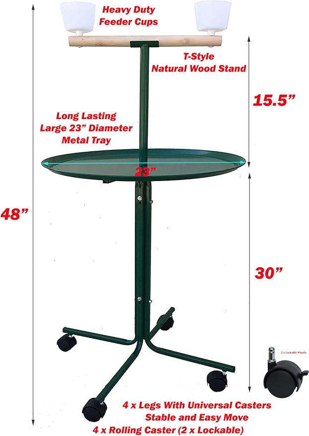 Large 23" Play T-Stand Perch Metal Base Parrot Bird Cage Amazon African Grey Macaw Cockatoo with Lockable Rolling Castors