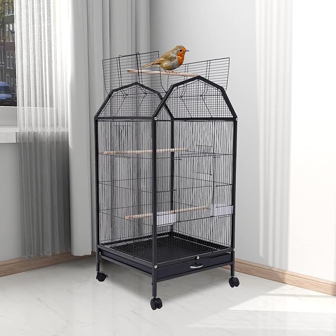 Extra Large Bird Cage 54Inch Wrought Iron Bird Cage with Rolling Stand Metal Parrot Cage with Open Play Top Perch Stand for Conures Lovebirds Cockatiels Finches (Black 3)
