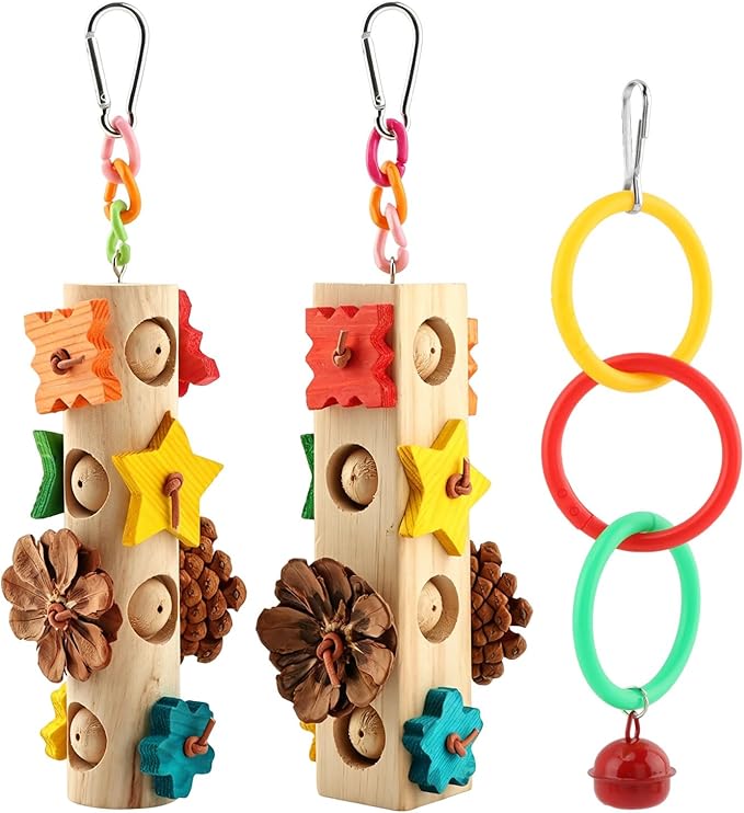 Natural Wood Parrot Chew Toys, 3 Pack Hanging Bird Foraging Toy with Wooden Blocks, Pine Cones & Climbing Rings, Bird Cage Accessories for Parakeet, Cockatiel, Macaw, African Grey Parrot