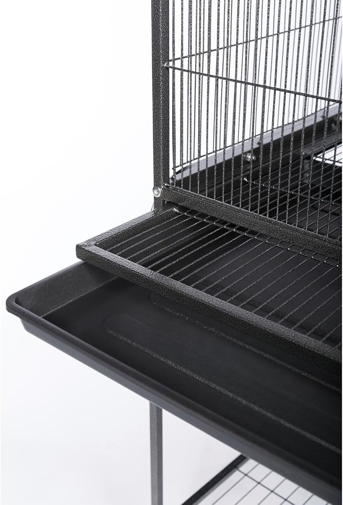 Prevue Pet Products Flight Cage with Stand - Large Metal Bird Cage with Removable Tray, Wood Perches, Double Feeders & Storage Shelf on Rolling Casters, Ideal for Small to Medium Birds - Black