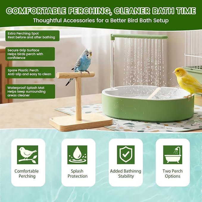 Bird Shower Bath Set for Budgies, Cockatiels & Small Parrots, Indoor Bird Bath Shower with Waterproof Splash Mat, Bird Perch Stand and Bath Accessories