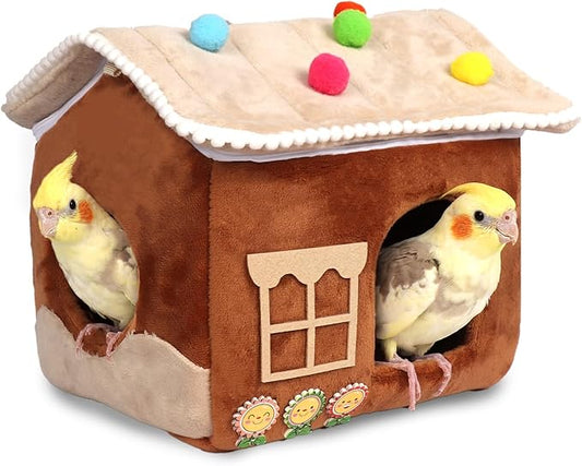 Bird Bed for Cage & Parakeet Nest - Winter Warm Plush Cotton Hanging Hammock, Dual Use Hideaway for Cockatiels, Budgies(Beige)