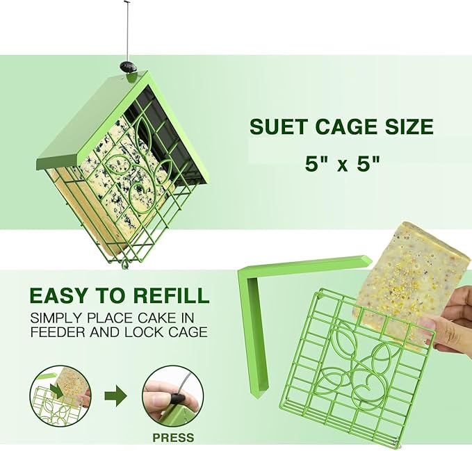 FlowaFoli Suet Bird Feeder for Outside, Metal Suet Feeder for Outside Hanging, Single Suet Cake Capacity, Fruit and Suet Feeder Style for Outside Hanging(Green)