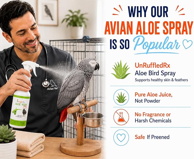 UnRuffledRx Aloe Vera Bird Spray for Parrots 2-Pack | Gentle Daily Support for Itchy Skin, Scratching, Dry Feathers & Feather Comfort | Fragrance Free & Safe if Preened | 8 oz Bottles