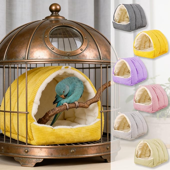 Winter Warm Bird Nest Bed, Plush Hanging Bird Bed for Cage, Plush Hut Tent, Hideaway Sleeping Nest for Budgies, Parakeets, Cockatiels, Conures (Yellow, S)
