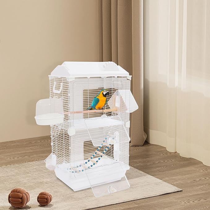 Large Bird Cage, 15.74×11.02×27.95In Wrought Iron Bird Cage, Spacious Flight Cage with Pull-Out Chassis, Modern Pet Habitat for Budgies Canaries and Small Birds (White)