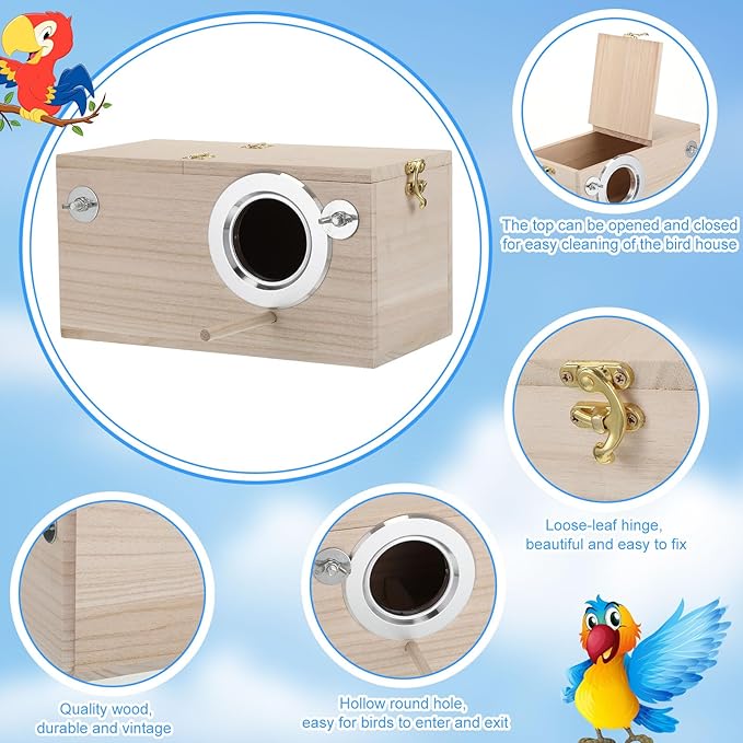 Wesiti 2 Pieces Wooden Parakeet Nesting Box Christmas Breeding Pet Bird House for Cage with Perch for Parrot Parakeet Cockatiel Lovebirds Budgie Conure and Other Small Birds(5.1 x 5.1 x 9.8 Inches)