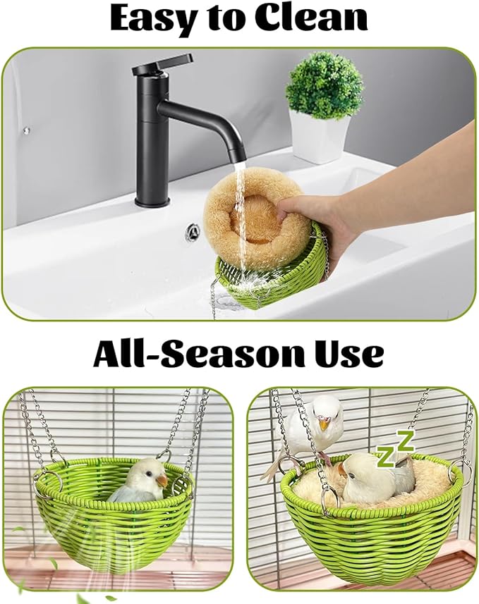 Bite-Proof Bird Nest for Cage with Removable Pad for All Seasons, Wide View Parakeet Nest for Nesting & Egg-Laying, Finch Nests Safe Small Bird Hammock for Cage for Lovebird Canary Budgie (Green)